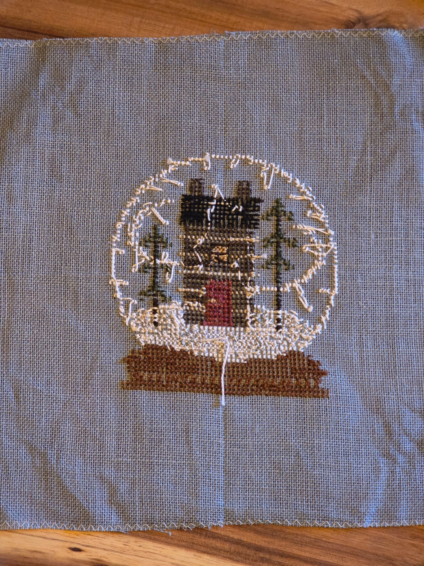 Bent Creek - Cabin in the Globe - Completed Cross Stitch