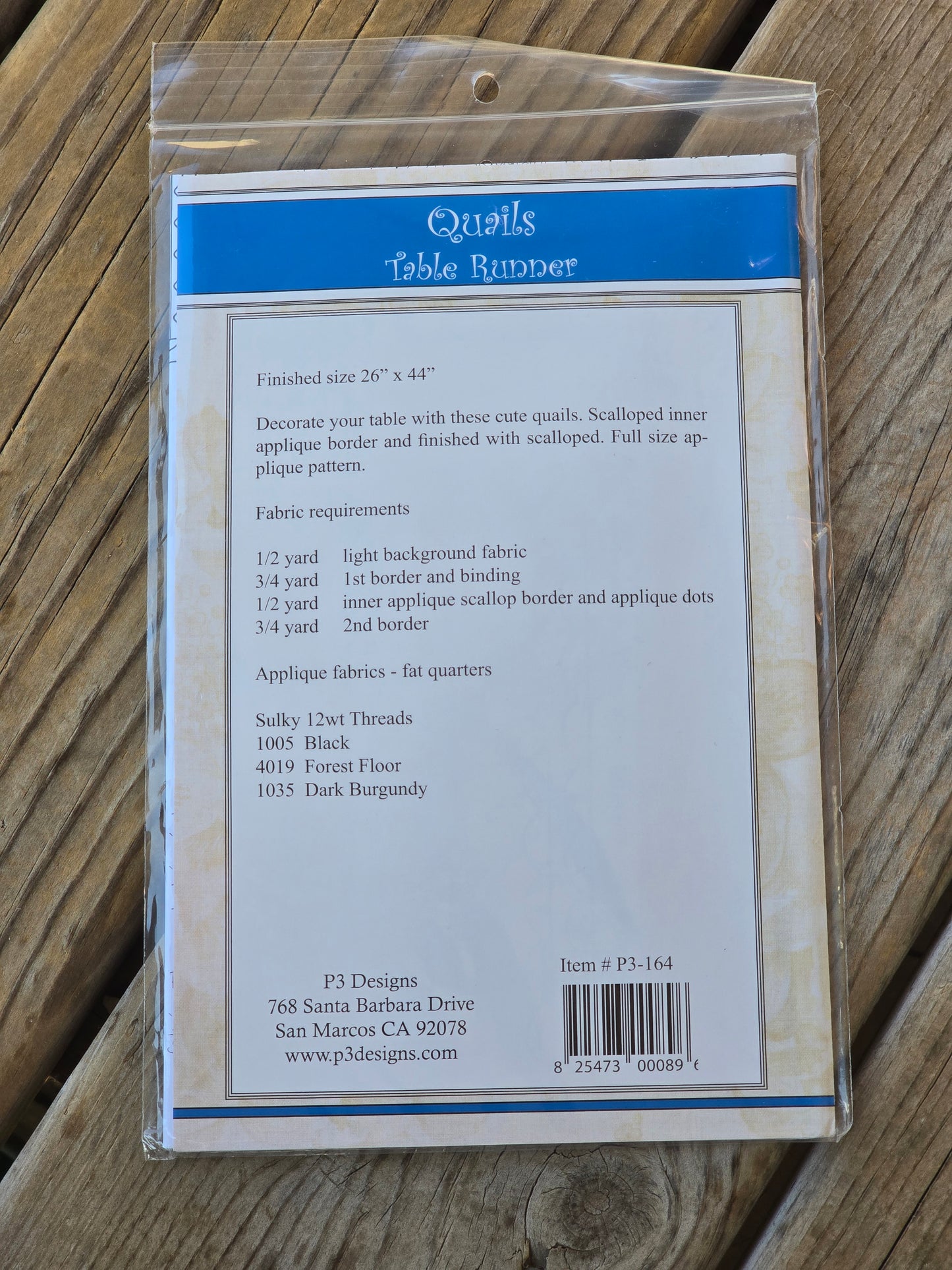 P3 Designs - Quails Table Runner - Quilt Pattern