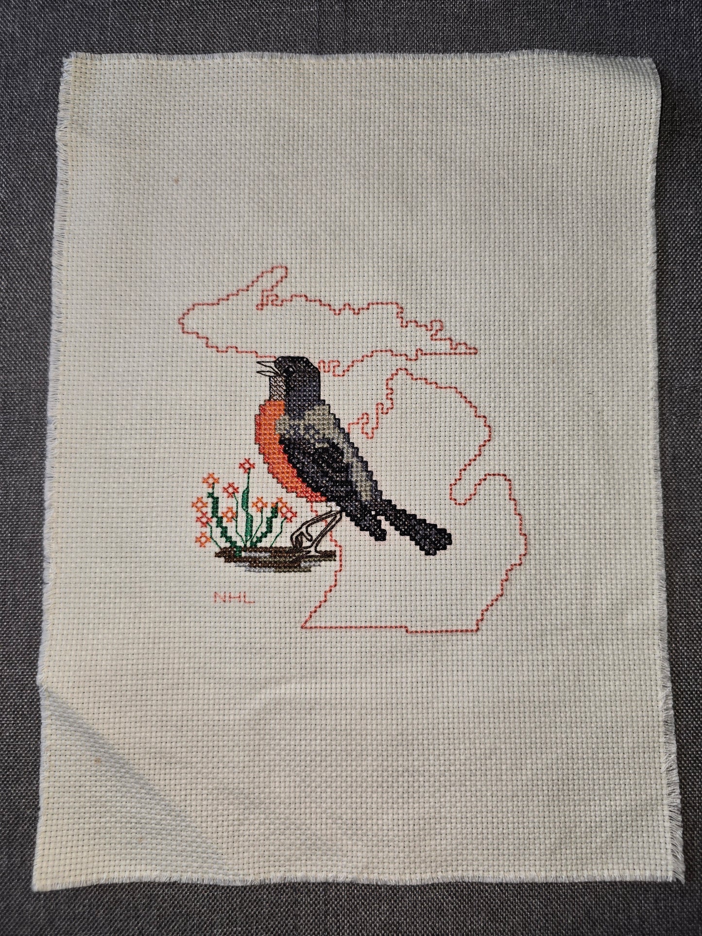 Michigan State Outline and Bird - Completed Cross Stitch