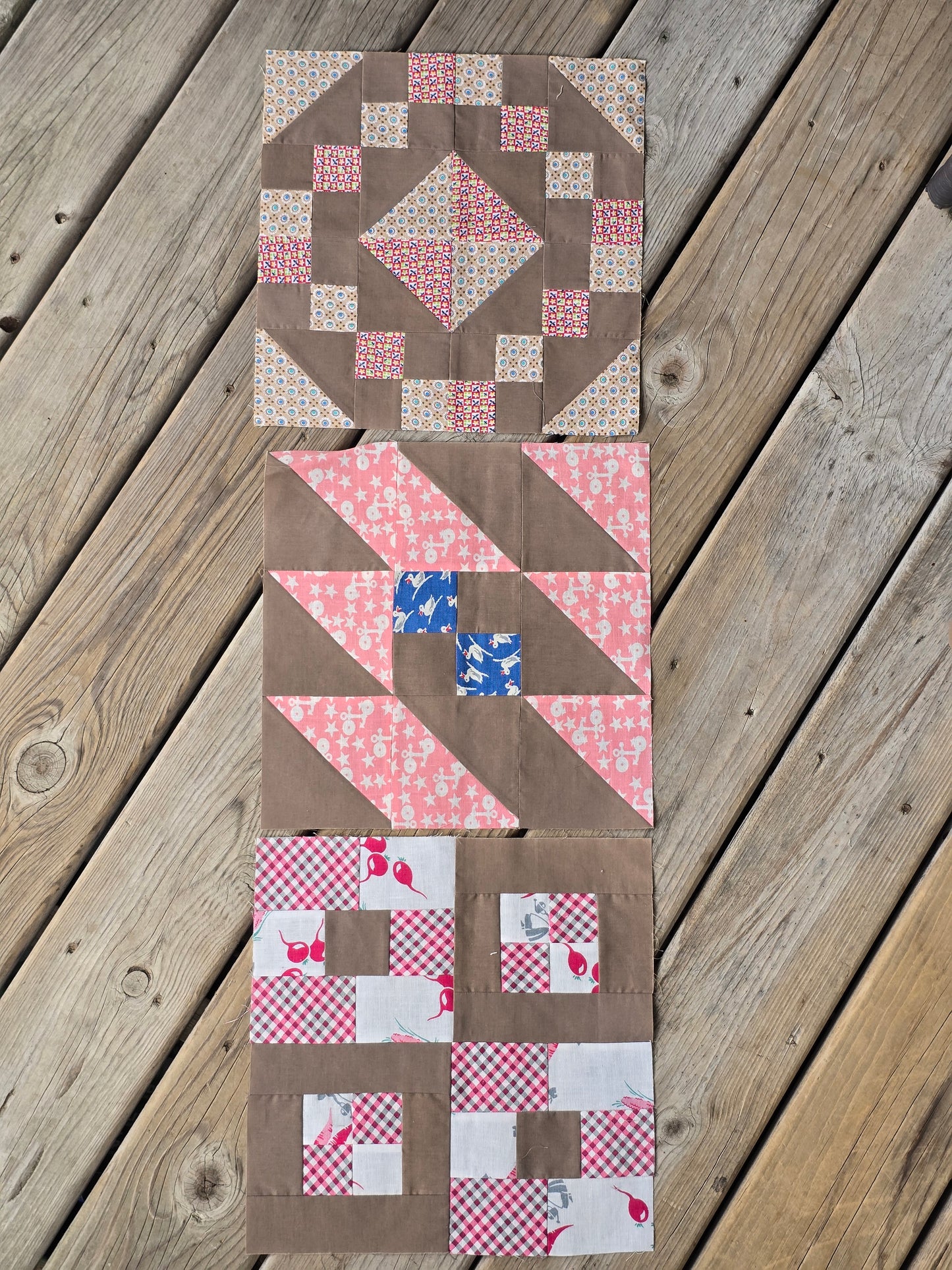 Print and Brown Vintage Quilt Blocks - Set of 6