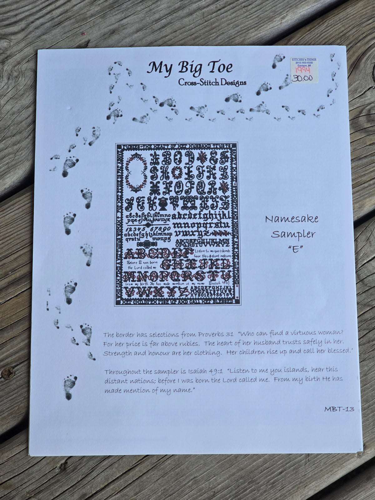 My Big Toe Cross Stitch Designs - Namesake Sampler "E" - Cross Stitch Patter