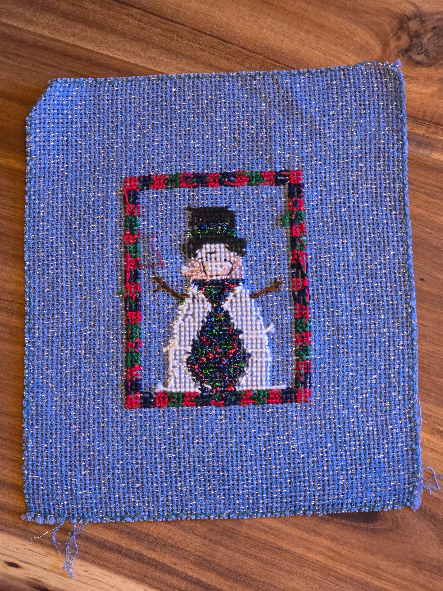 Unknown Designer - Snowman with Cardinal Button- Completed Cross Stitch