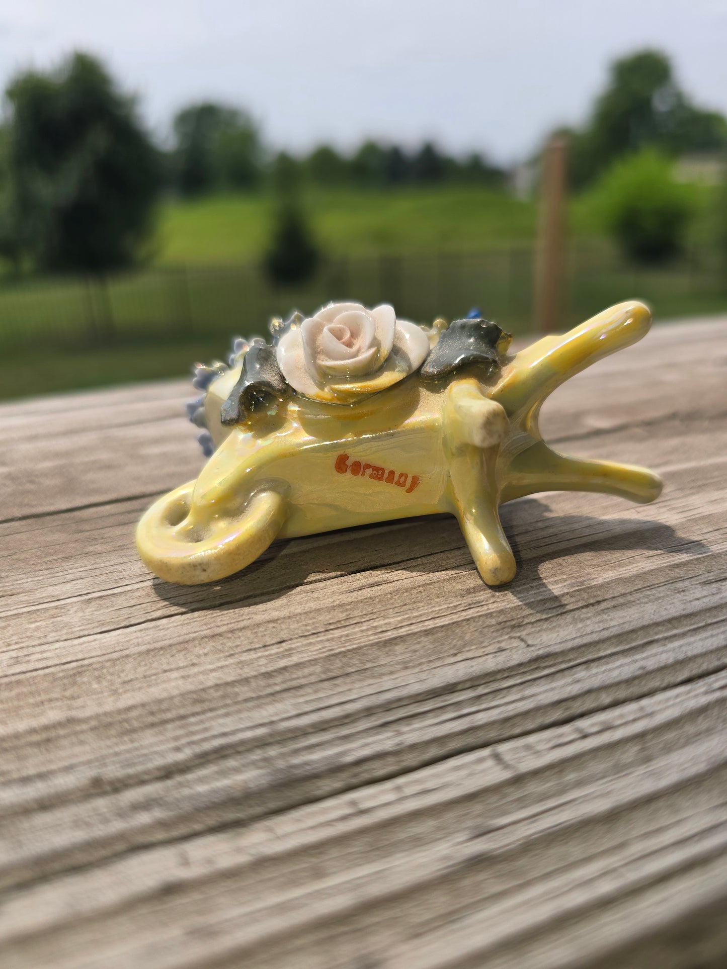 Vintage German Ceramic Wheelbarrow Pincushion