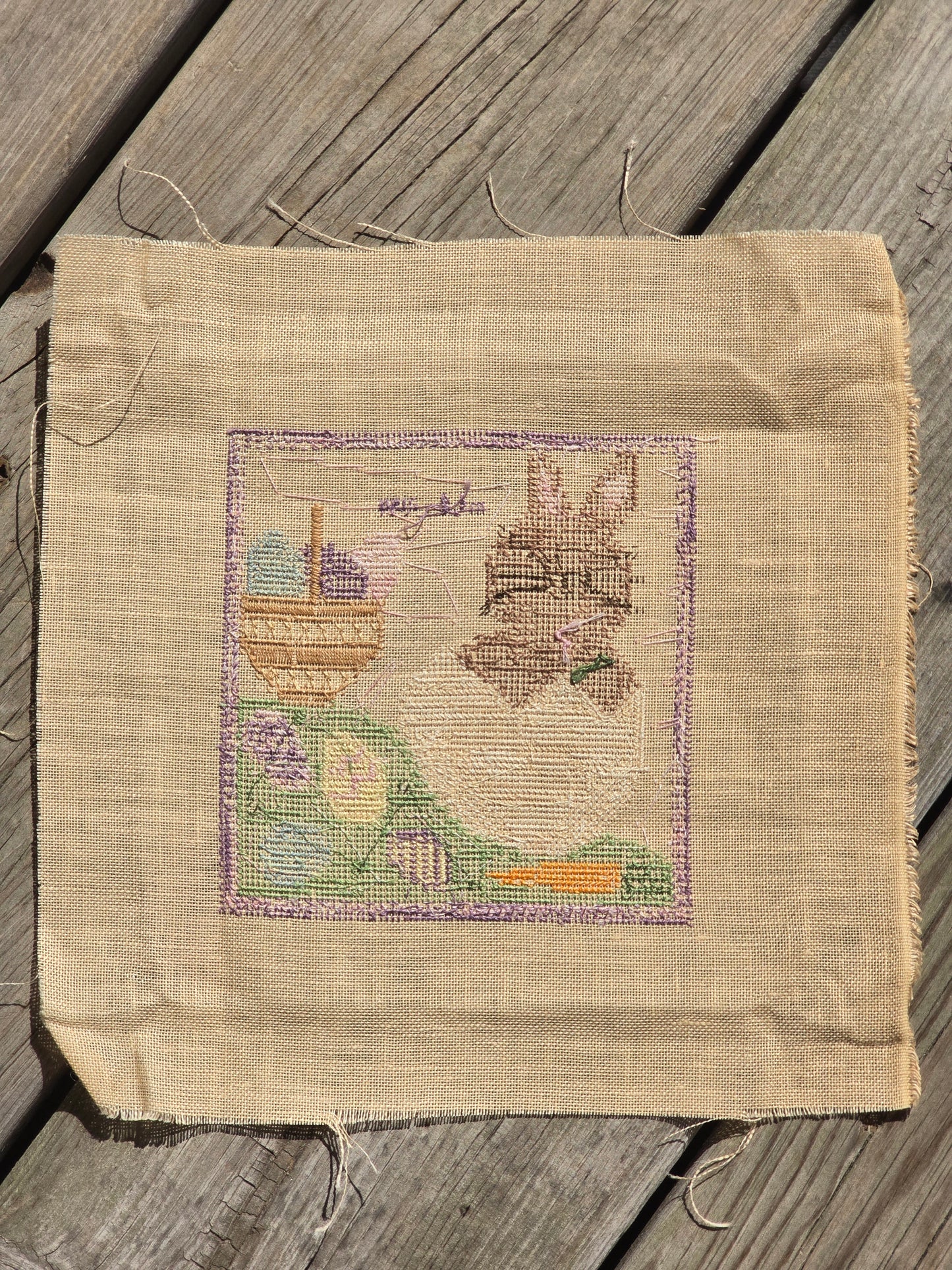Designer Unknown - Rabbit in Egg with Easter Basket - Completed Cross Stitch