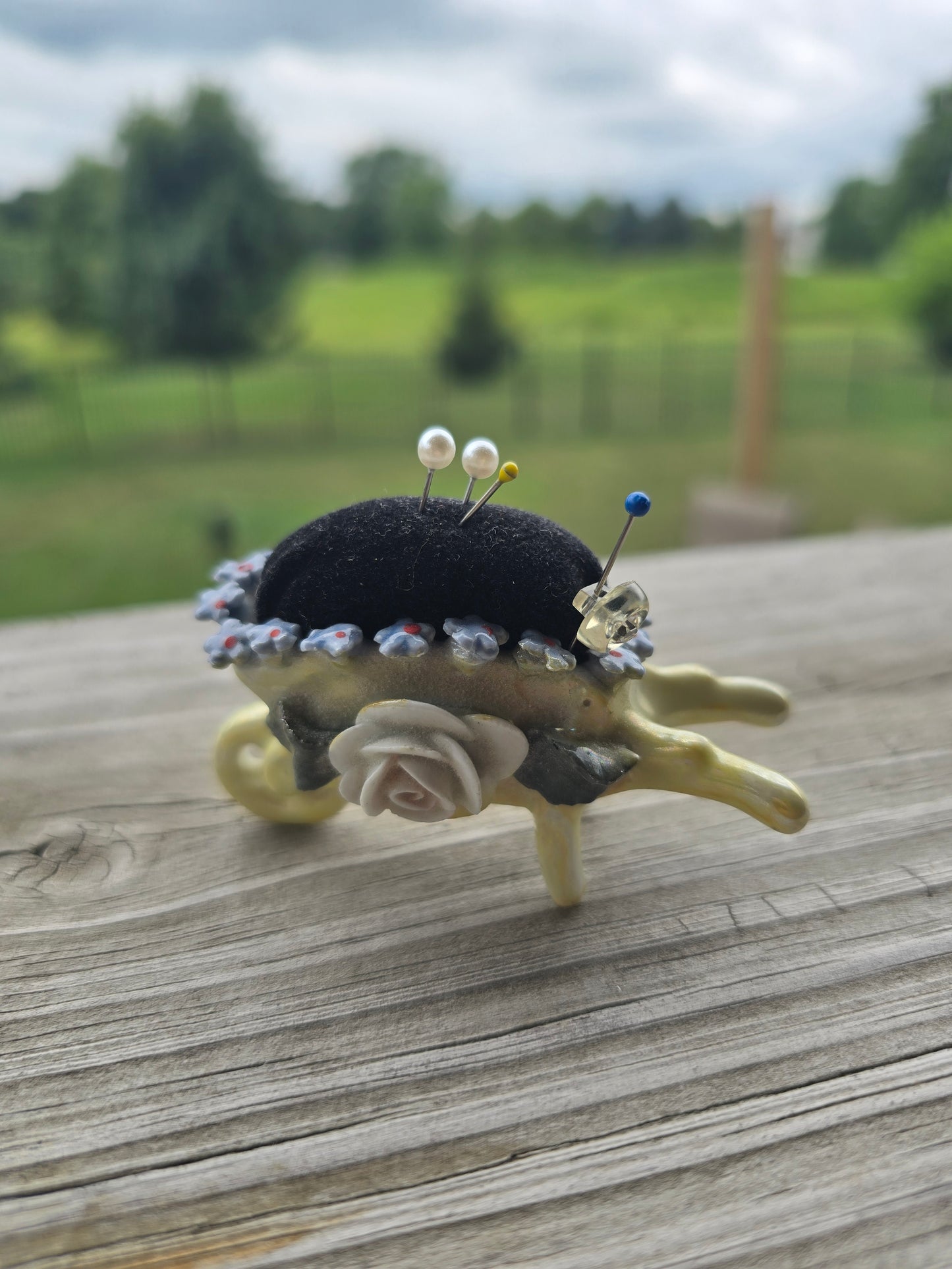 Vintage German Ceramic Wheelbarrow Pincushion