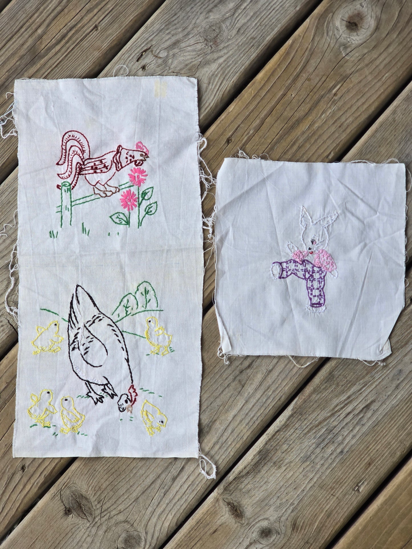 Rabbit, Rooster and Chicken Hand Embroidered Vintage Quilt Blocks - Set of 3