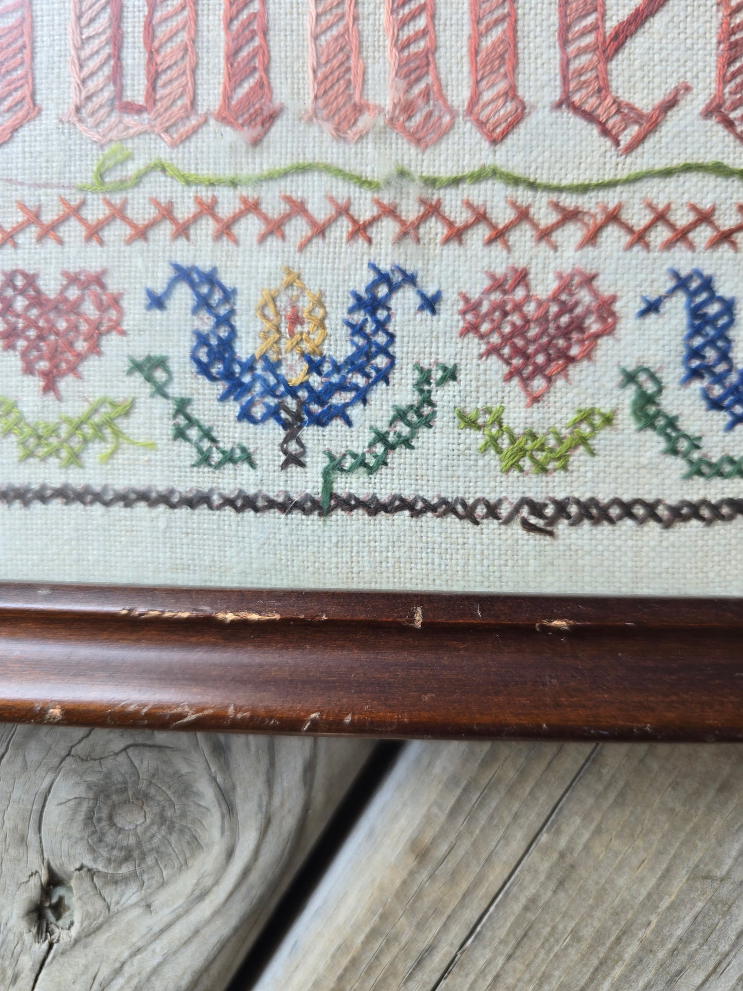 "Wilkommen" Framed Completed Cross Stitch Sampler