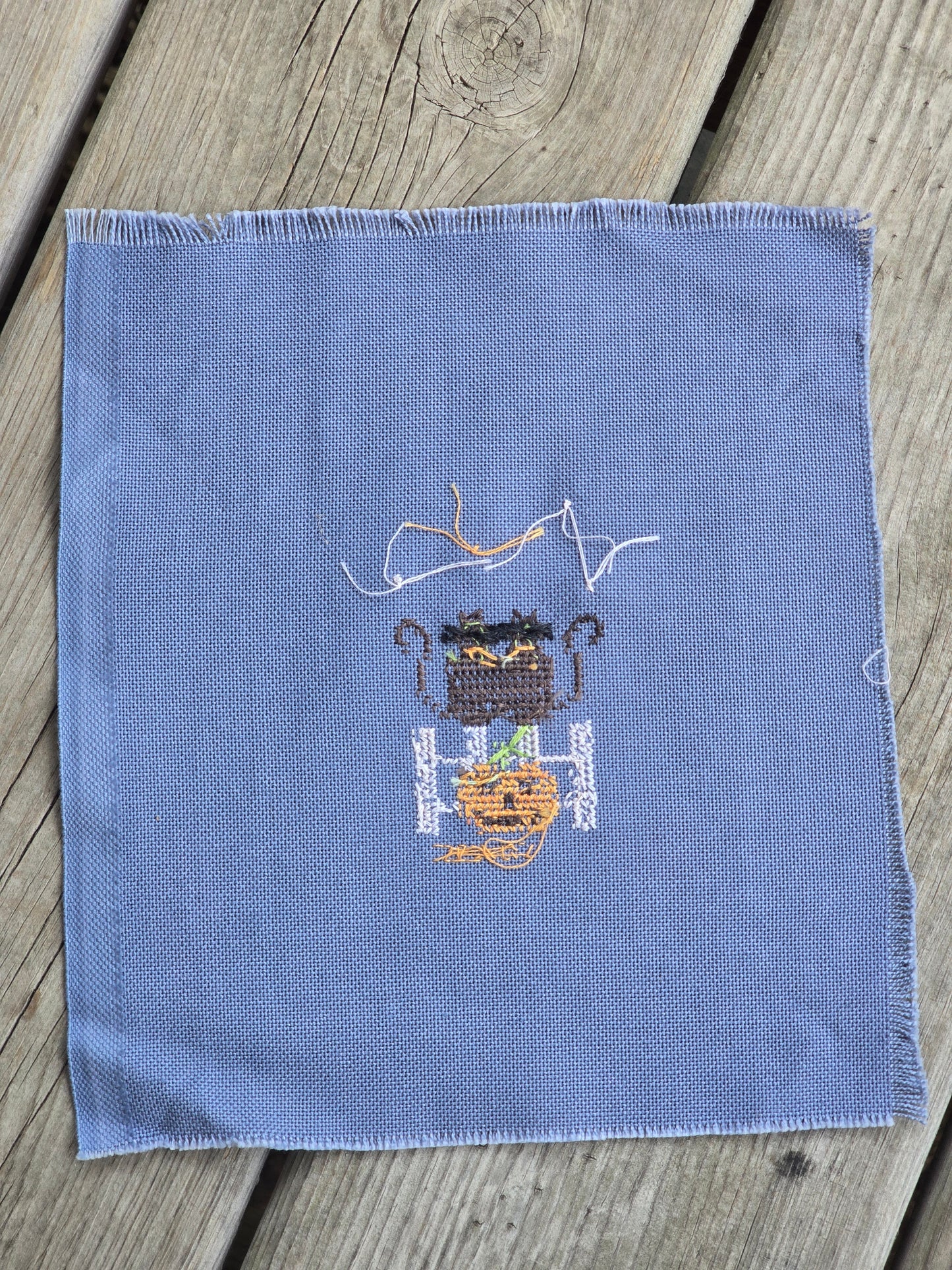 Designer Unknown - Cats on Fence - Completed Cross Stitch