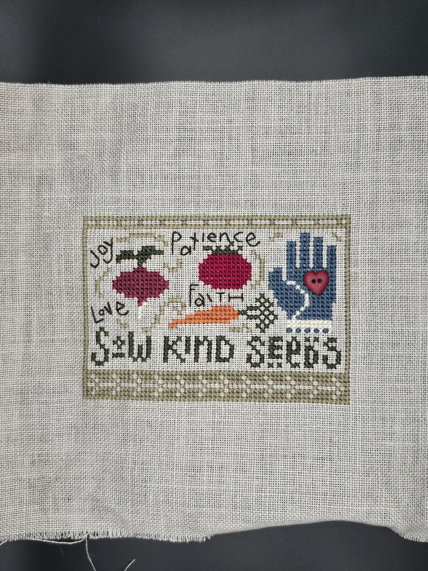 Bent Creek - Sow Kind Seeds - Completed Cross Stitch