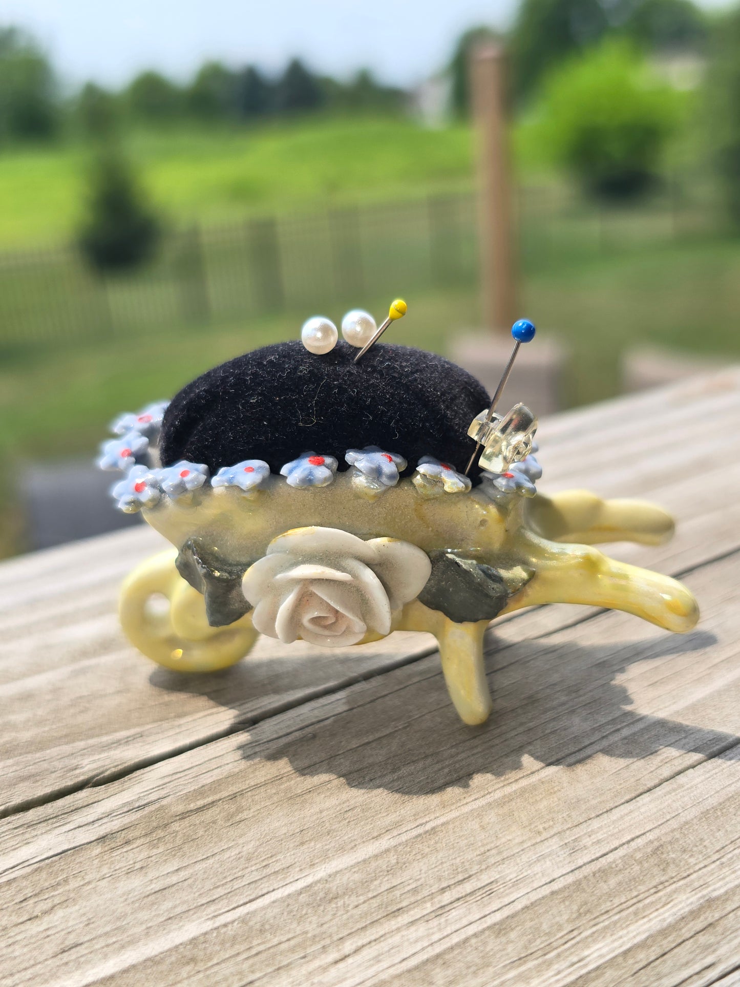 Vintage German Ceramic Wheelbarrow Pincushion