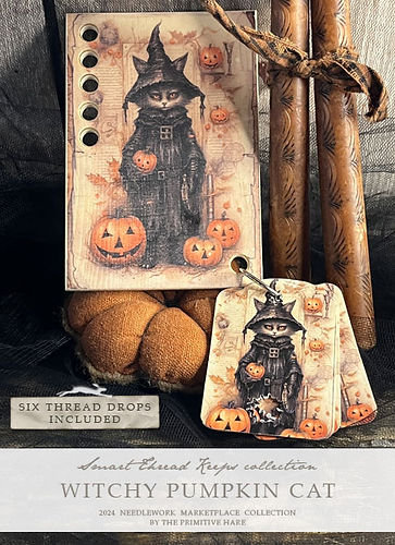 The Primitive Hare - Witchy Pumpkin Cat - Thread Keep with Floss Drops