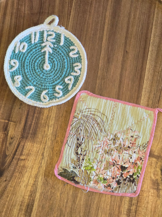 Vintage Pot Holders - Clock and Bark Cloth