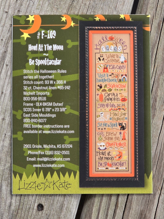 Lizzie Kate - Halloween Rules - Wear A Costume/Eat Candy, Haunted House/Scare A Crow, Carve A Pumpkin/Stay Up Late, Mind Your Mummy/Sit For A Spell, Brew Some Fun/Greet A Ghost, Howl At The Moon/Be Spooktacular - Set of 6 - Cross Stitch Patterns