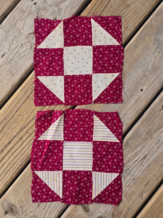 Antique Shoo Fly Quilt Blocks - Red & White Print - Set of 2
