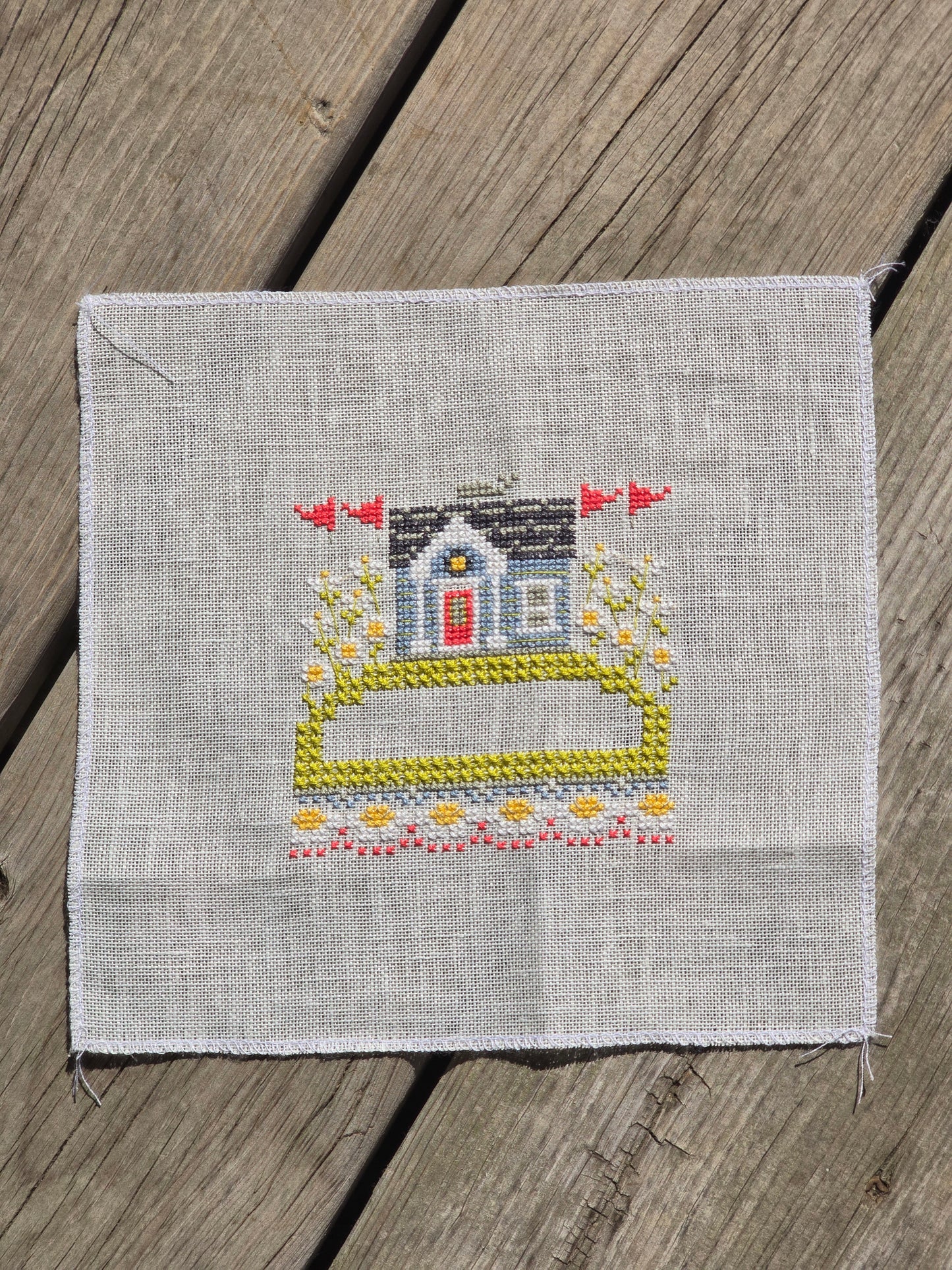 Hands on Design - The Summer Night - House on a Hill Pincushion - Completed Cross Stitch