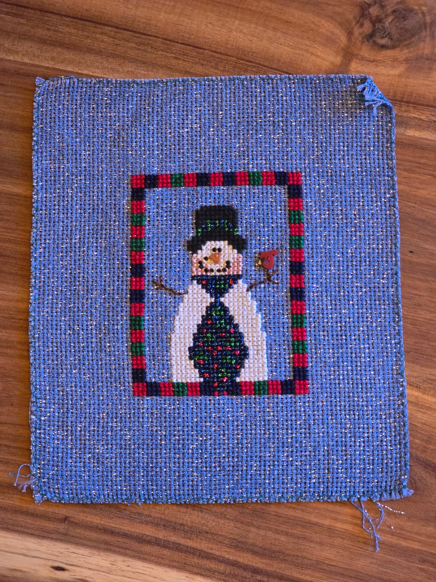 Unknown Designer - Snowman with Cardinal Button- Completed Cross Stitch