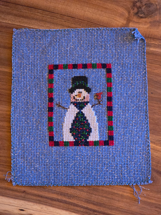 Unknown Designer - Snowman with Cardinal Button- Completed Cross Stitch