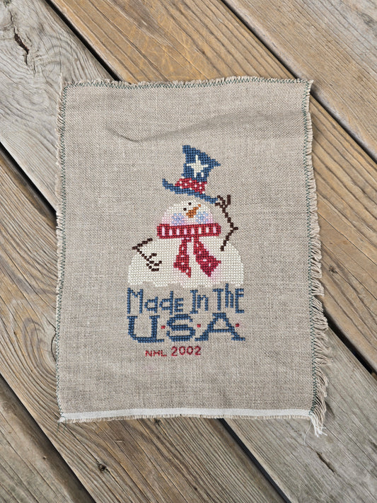 Bent Creek - Made in the USA Patriotic Snowman Zipper Kit - Completed Cross Stitch