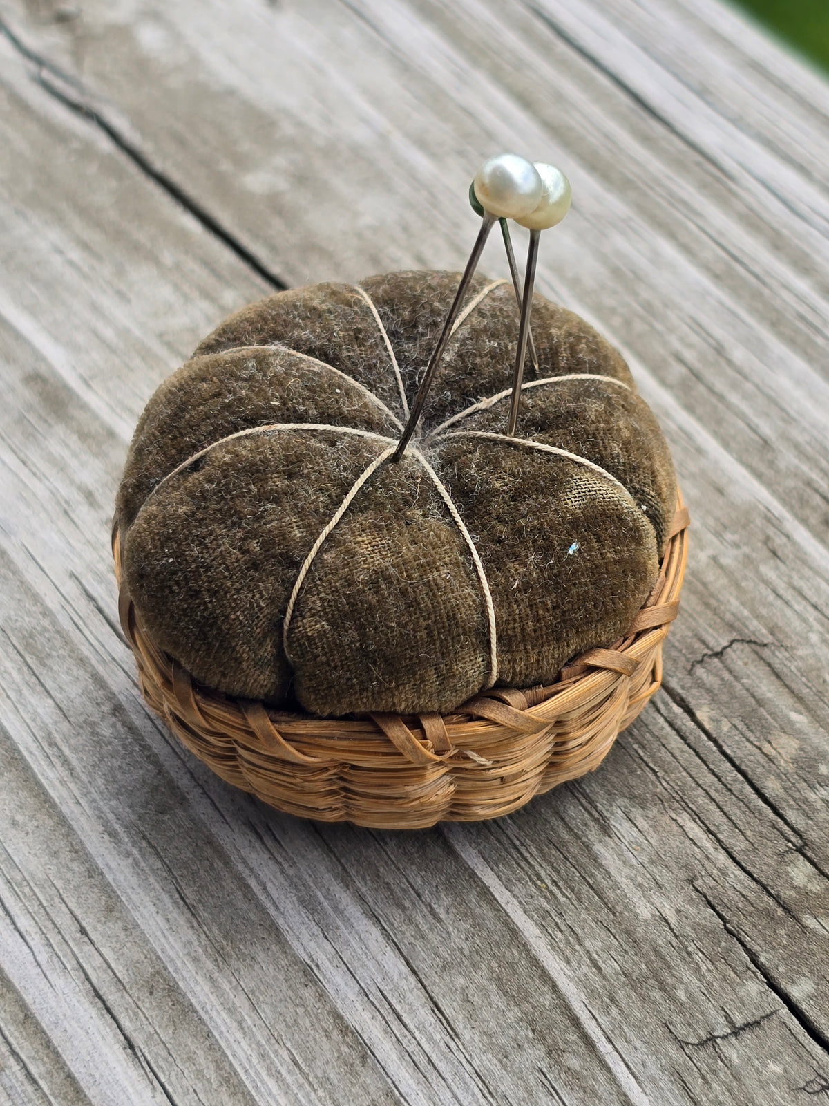 Antique Sweet Grass Pincushion with Pins - Notions