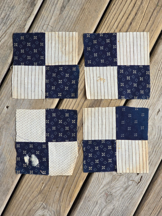 Antique Blue and Cream Four Patch Quilt Blocks - Set of 27