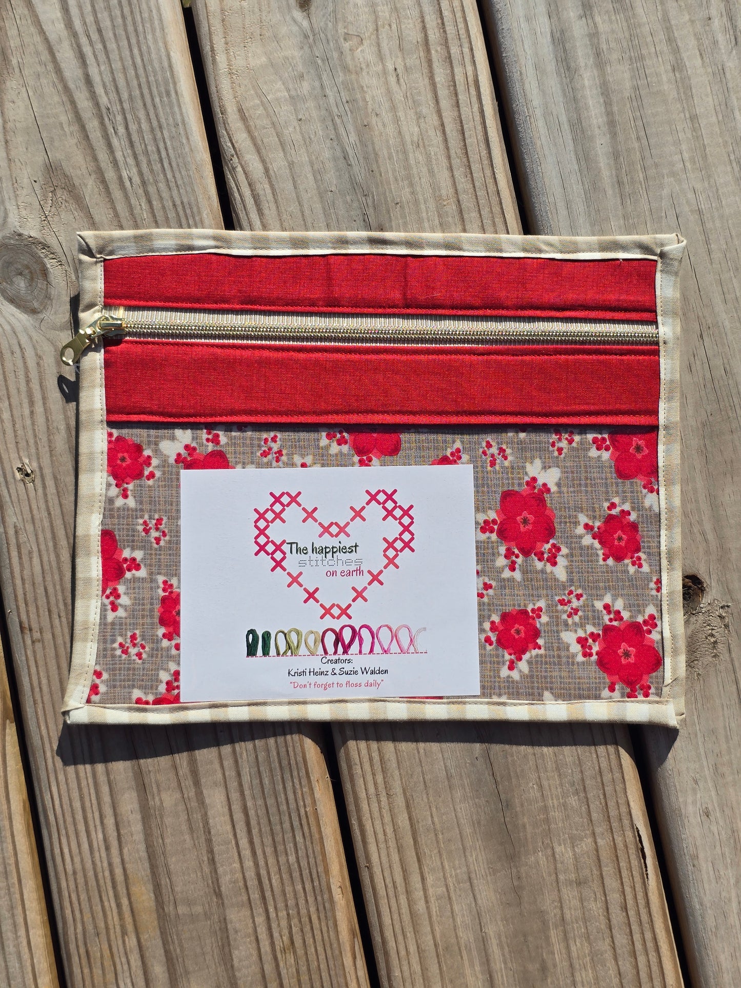 K Heinz Designz - Vinyl Project Bag - Red and Tan Floral