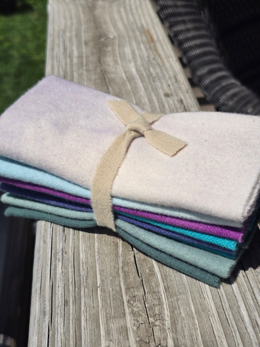 Petals and Blooms - Hand Dyed Wool Bundle - 8 Fat 16ths or 8 Fat 32nds - Teal & Purple - Wool Fabric