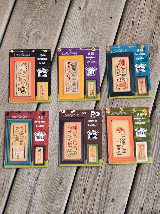 Lizzie Kate - Halloween Rules - Wear A Costume/Eat Candy, Haunted House/Scare A Crow, Carve A Pumpkin/Stay Up Late, Mind Your Mummy/Sit For A Spell, Brew Some Fun/Greet A Ghost, Howl At The Moon/Be Spooktacular - Set of 6 - Cross Stitch Patterns