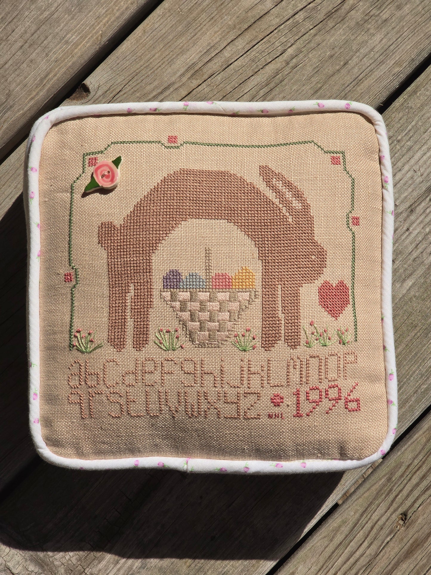Designer Unknown - Rabbit Sampler Pillow- Completed Cross Stitch