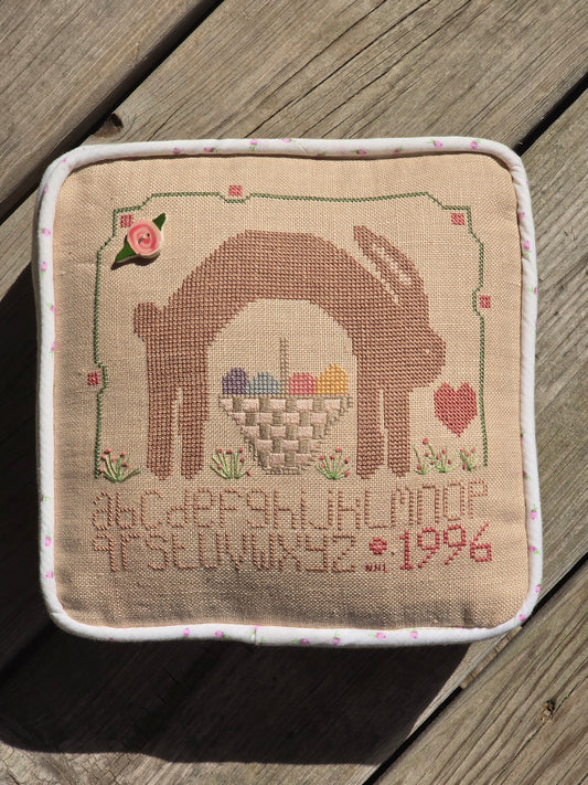 Designer Unknown - Rabbit Sampler Pillow- Completed Cross Stitch