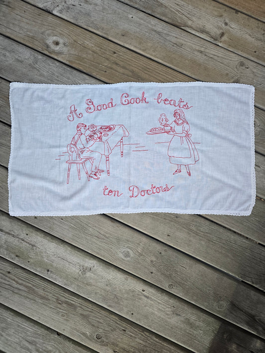 Vintage Linens - Red Work Linen "A Good Cook is Worth 10 Doctors"