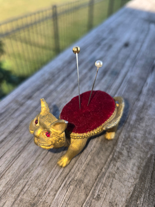 Vintage Bobblehead Cat w/Red Jewel Eyes Pincushion