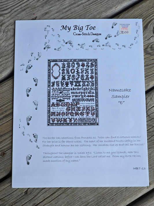 My Big Toe Cross Stitch Designs - Namesake Sampler "E" - Cross Stitch Patter