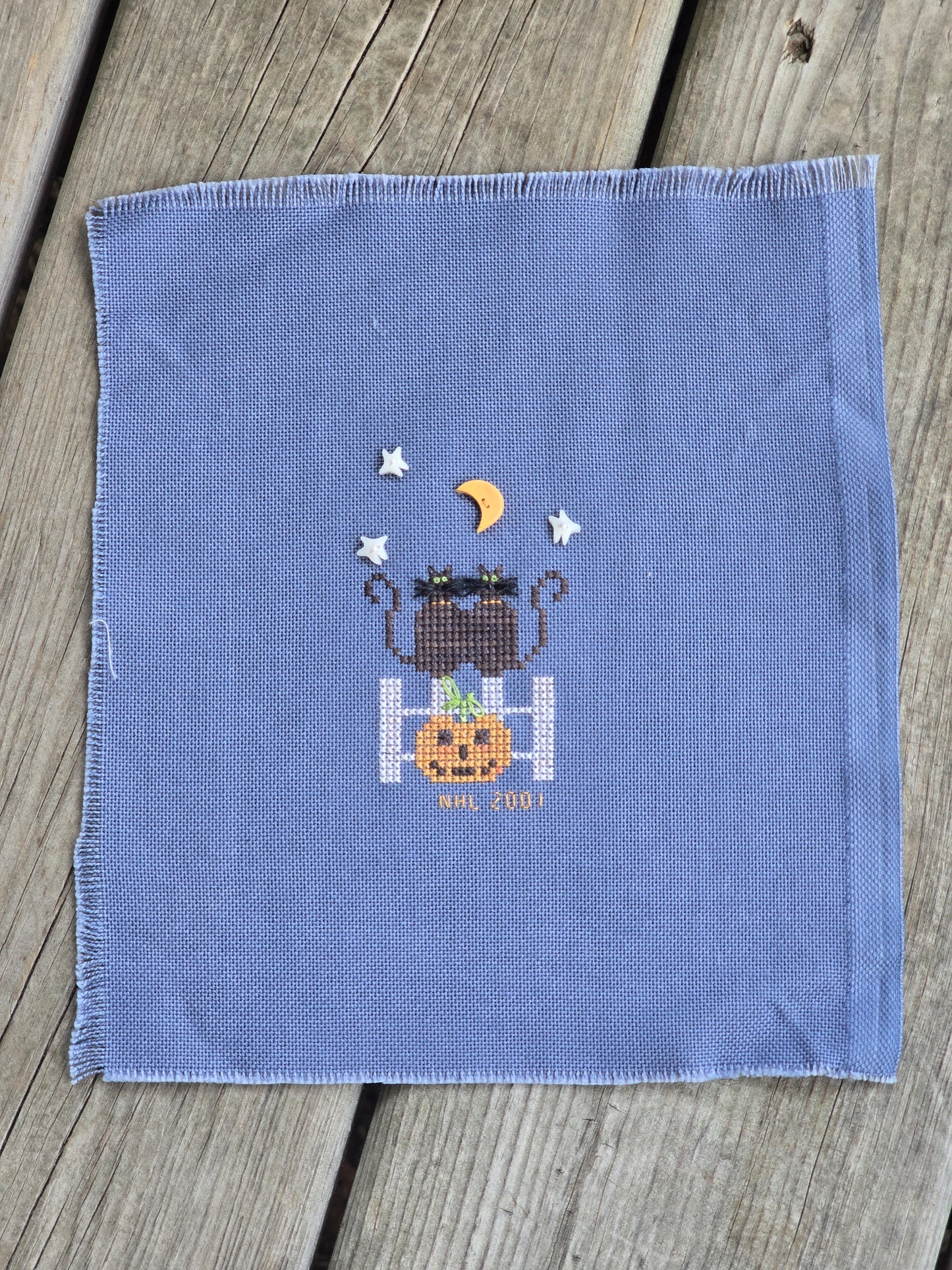 Designer Unknown - Cats on Fence - Completed Cross Stitch