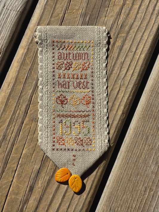 Autumn Harvest Mini Bell Pull Sampler - Completed Cross Stitch