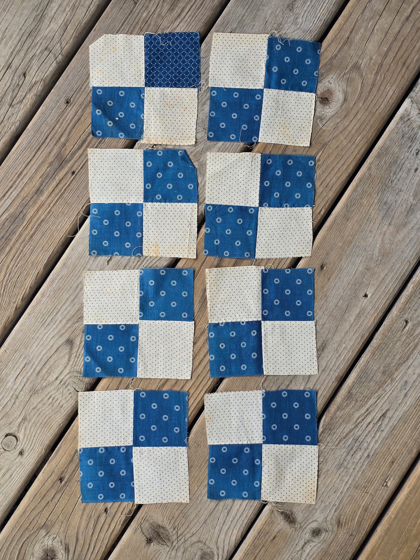 Antique Blue and Cream Four Patch Quilt Blocks - Set of 27