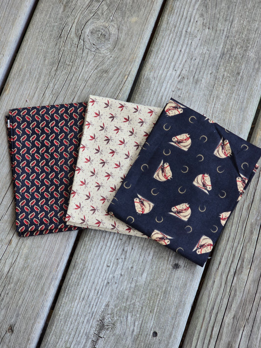 Reproduction Fabric - Three Piece Cream & Navy Fat Quarter Bundle - Quilting Fabric - Fat Quarter Bundle