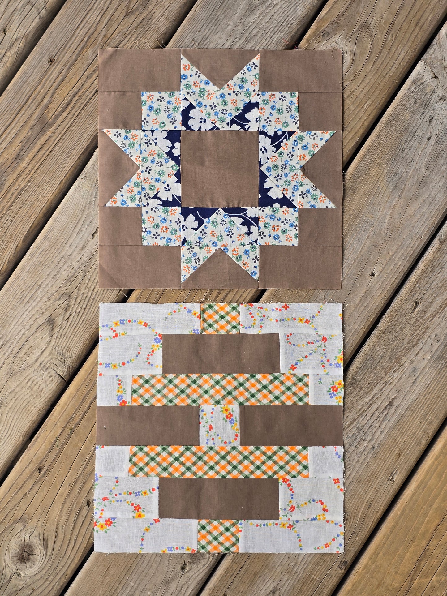 Print and Brown Vintage Quilt Blocks - Set of 6
