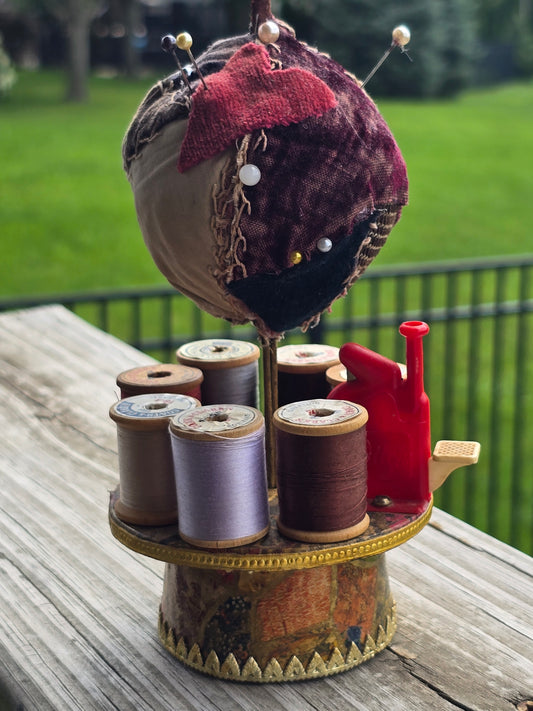 Crazy Quilt Pincushion with Thread Holder - Notions