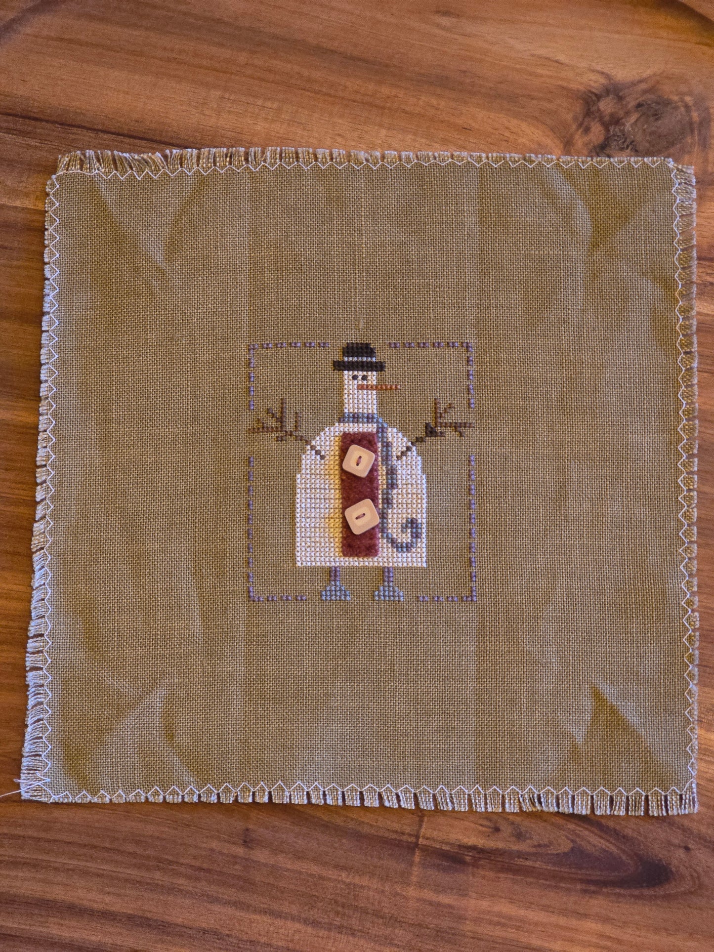 Unknown Designer - Snowman with Wool Felt and Buttons - Completed Cross Stitch