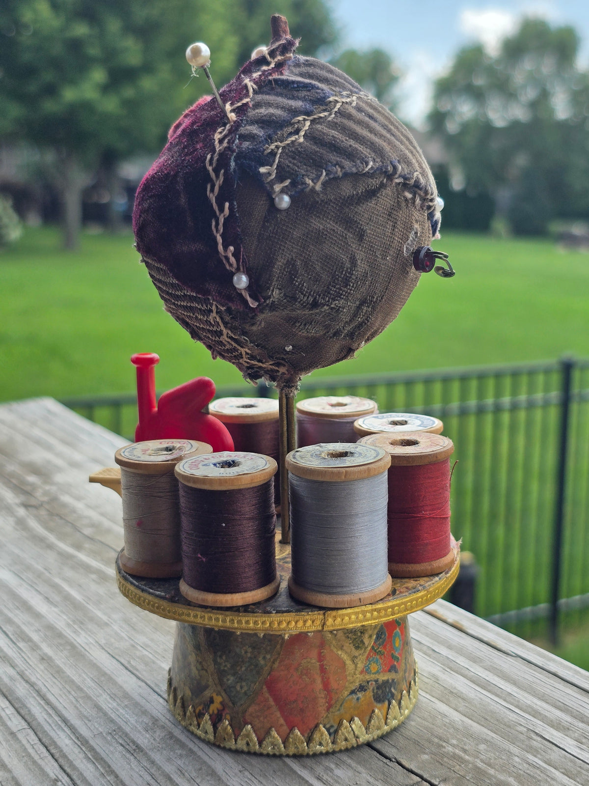 Crazy Quilt Pincushion with Thread Holder - Notions