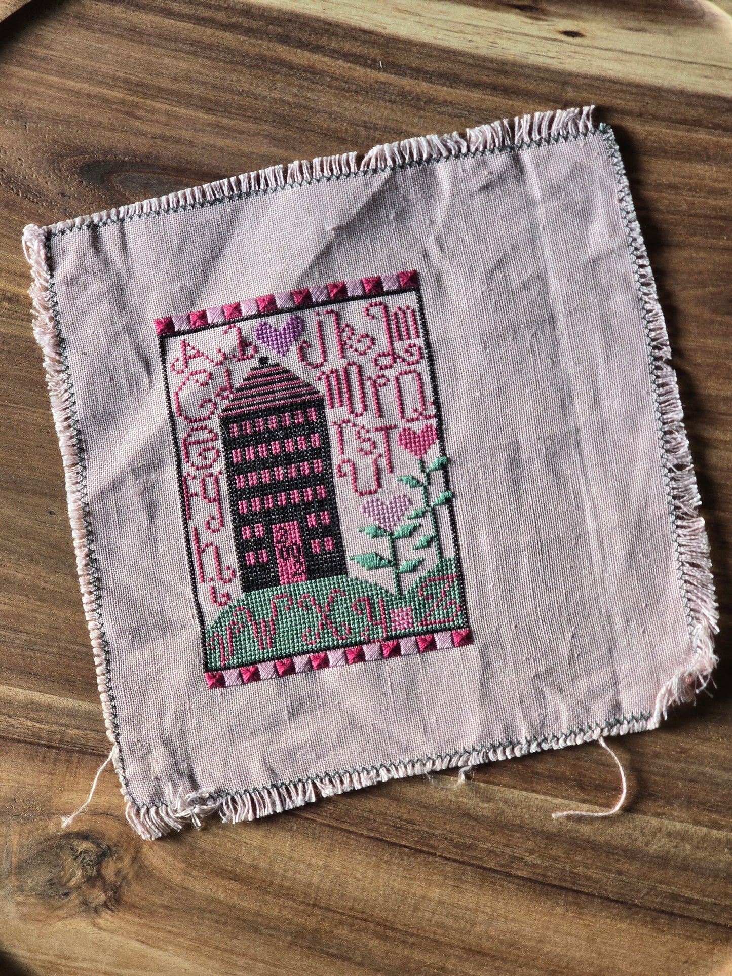 Designer Unknown - Pink House Sampler with Hearts - Completed Cross Stitch