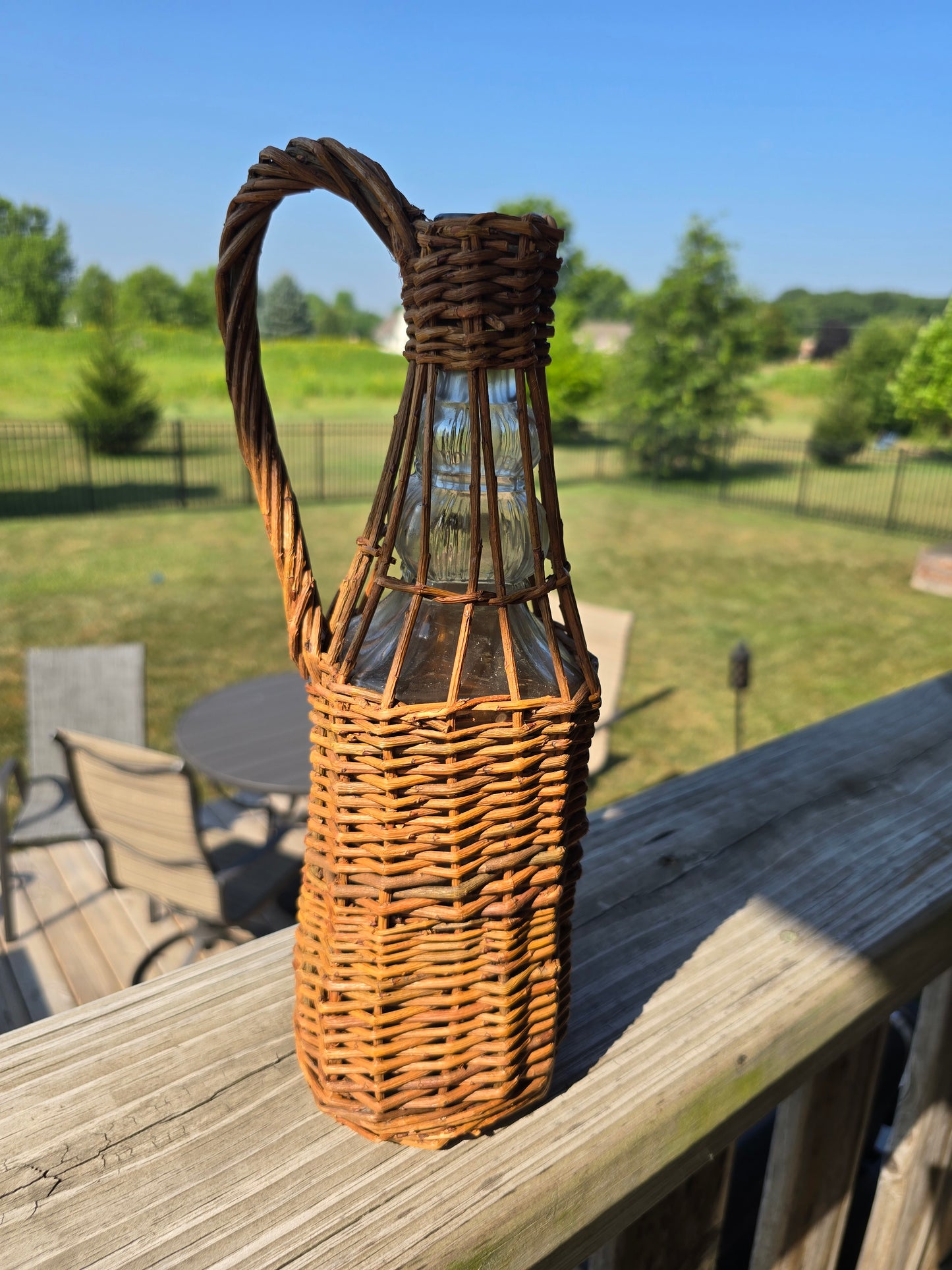 Vintage Wicker Wrapped Square Wine or Whiskey Bottle