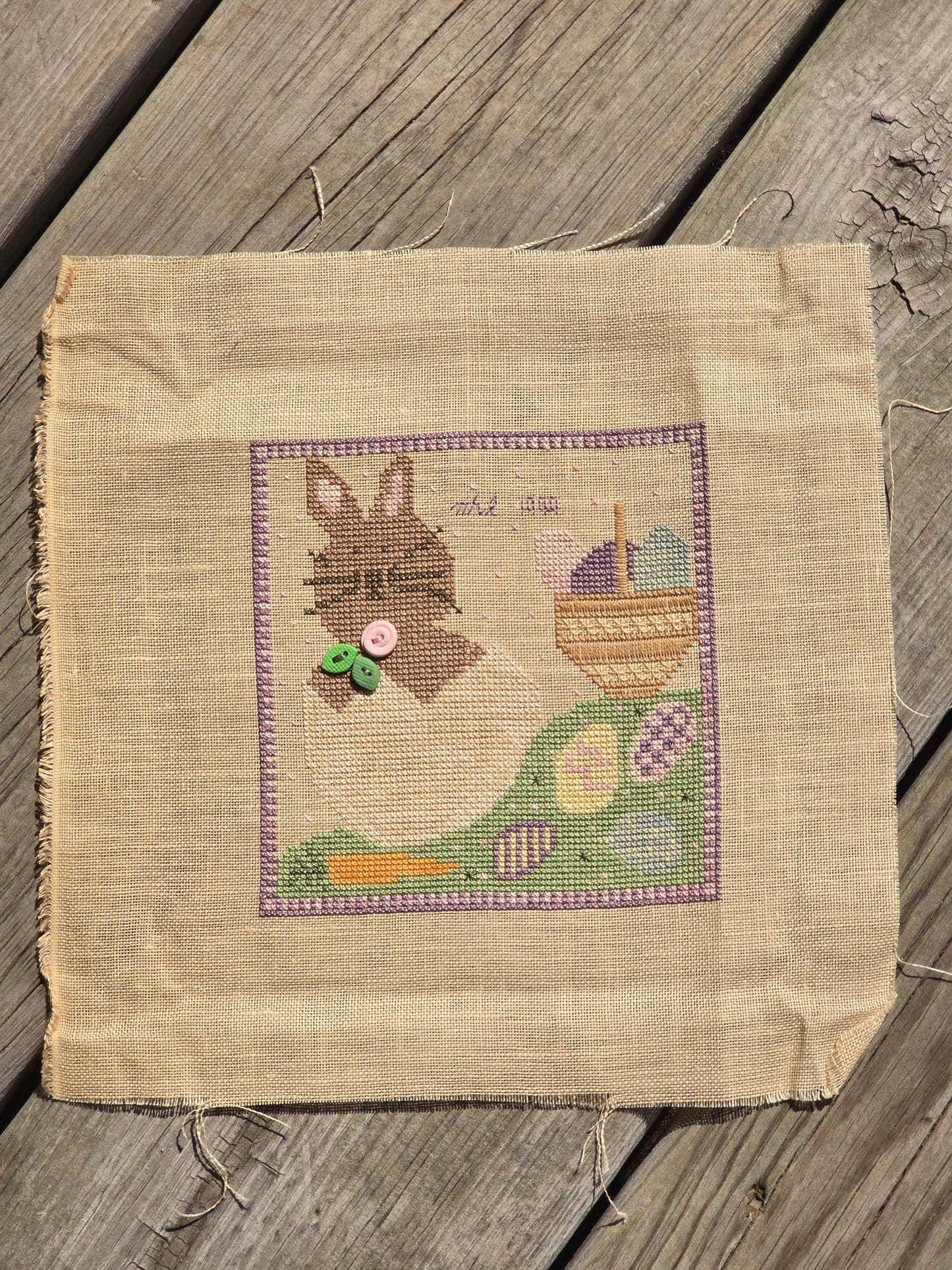 Designer Unknown - Rabbit in Egg with Easter Basket - Completed Cross Stitch