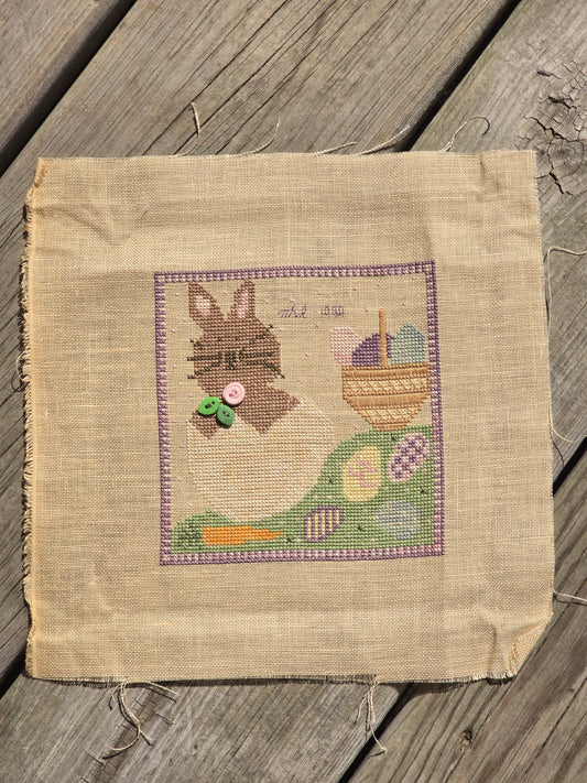 Designer Unknown - Rabbit in Egg with Easter Basket - Completed Cross Stitch