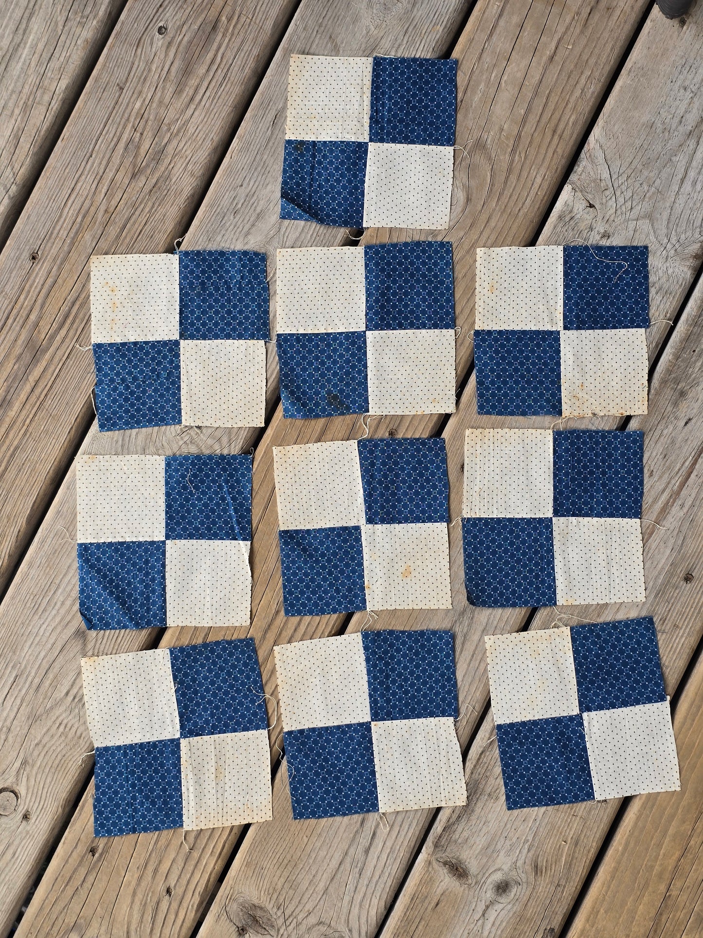 Antique Blue and Cream Four Patch Quilt Blocks - Set of 27