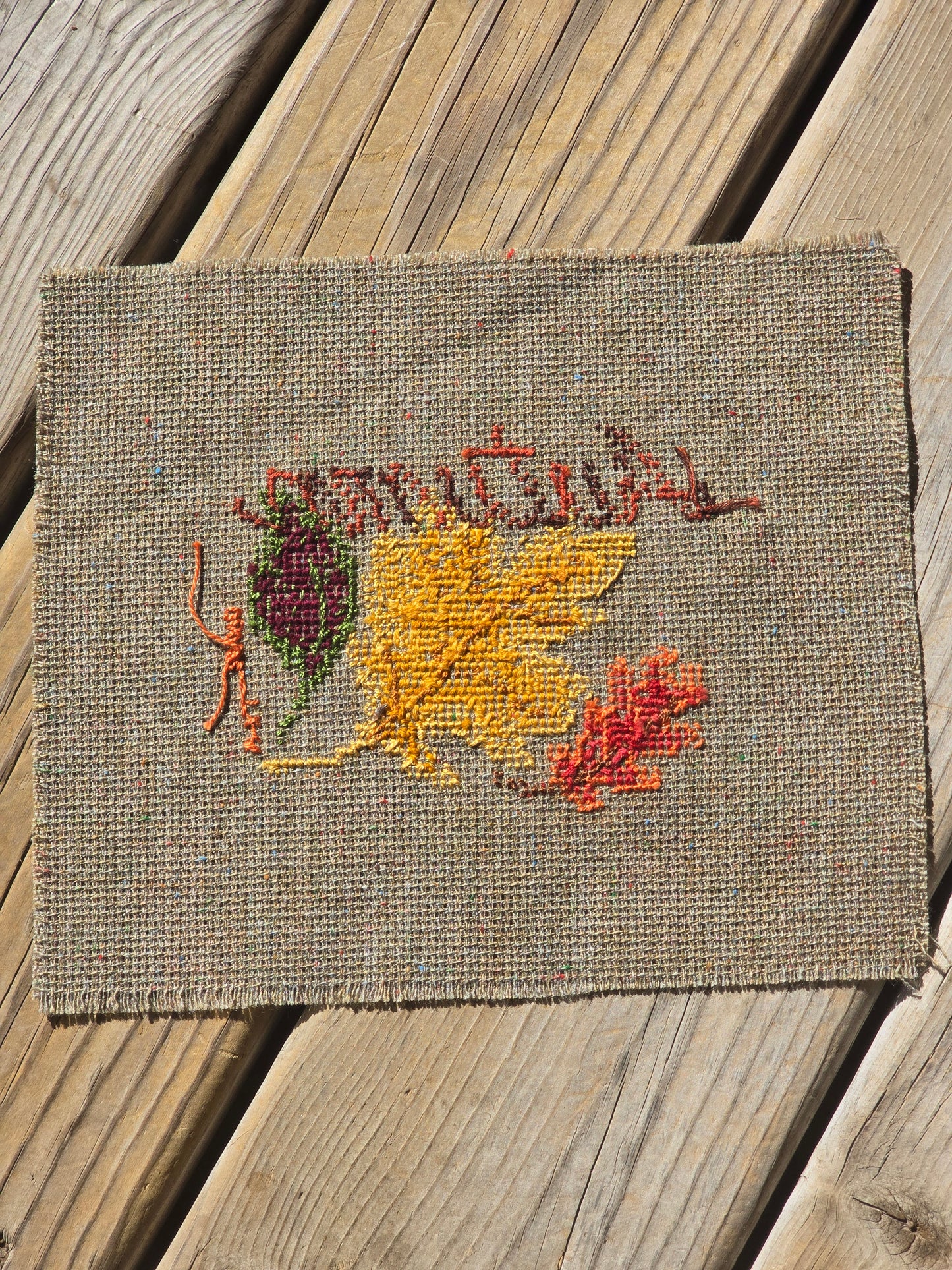 Autumn Three Leaves - Completed Cross Stitch