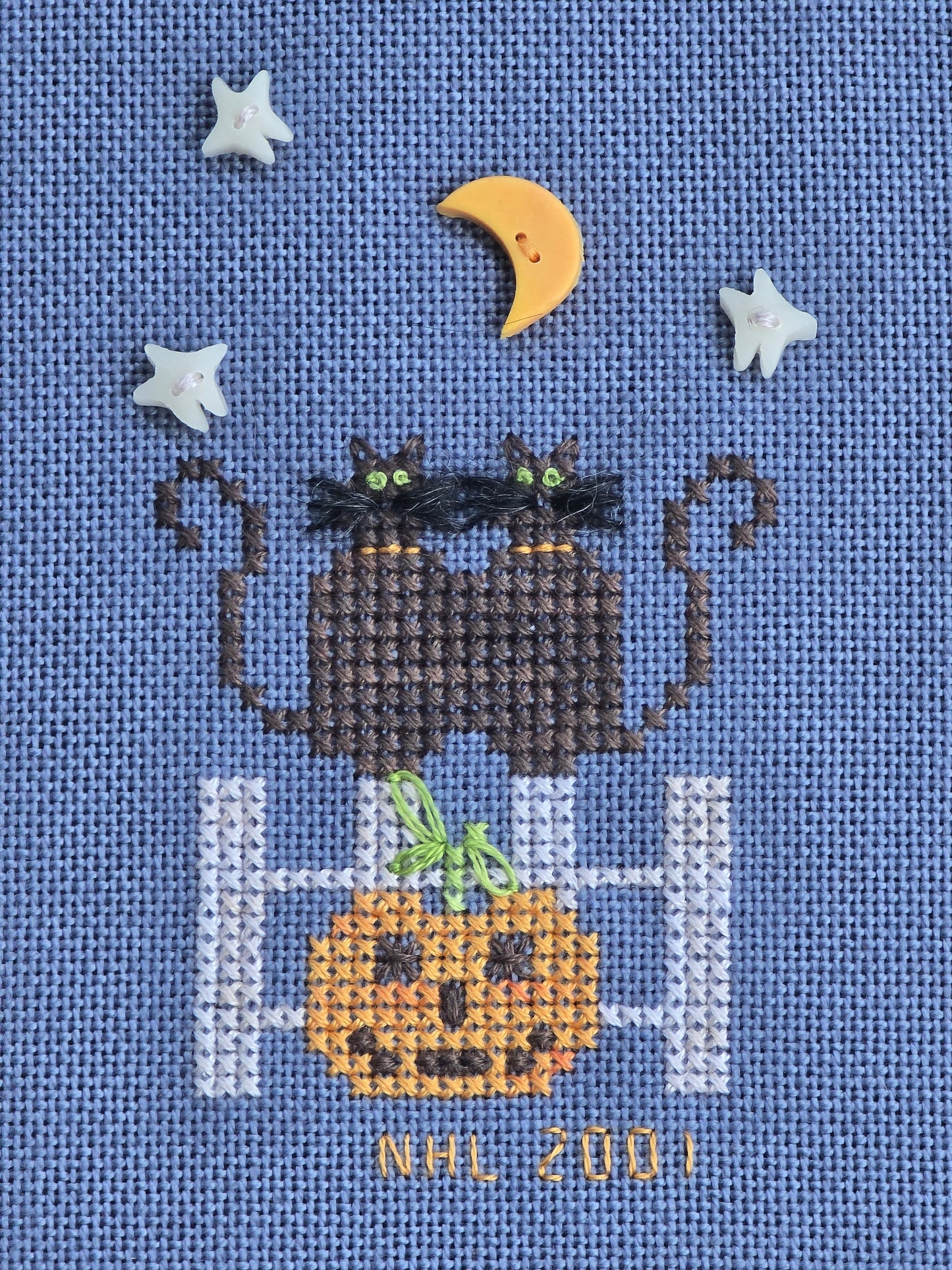 Designer Unknown - Cats on Fence - Completed Cross Stitch