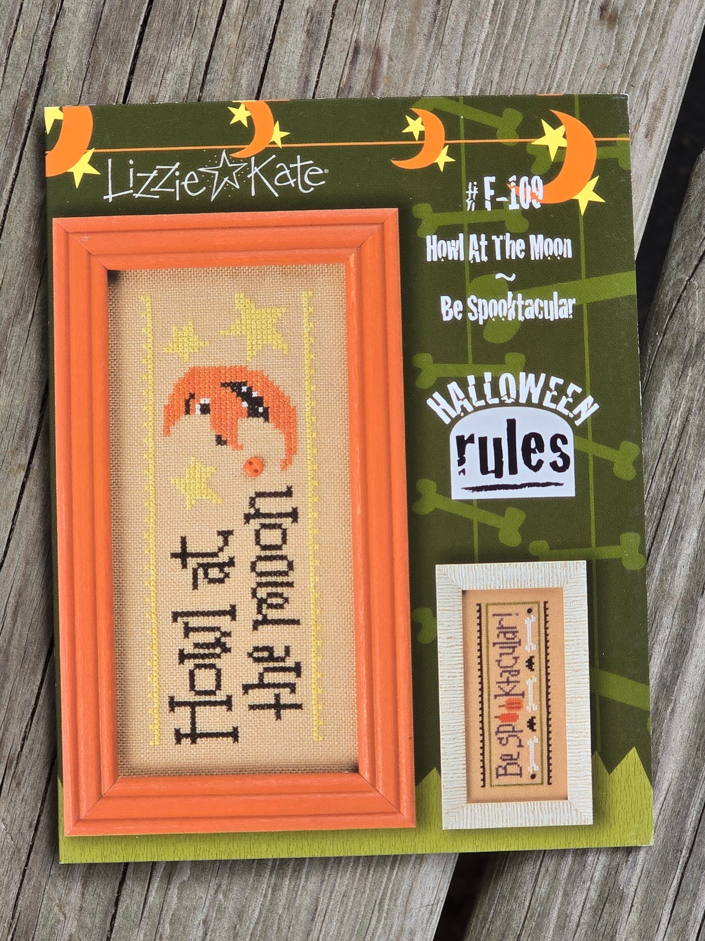 Lizzie Kate - Halloween Rules - Wear A Costume/Eat Candy, Haunted House/Scare A Crow, Carve A Pumpkin/Stay Up Late, Mind Your Mummy/Sit For A Spell, Brew Some Fun/Greet A Ghost, Howl At The Moon/Be Spooktacular - Set of 6 - Cross Stitch Patterns