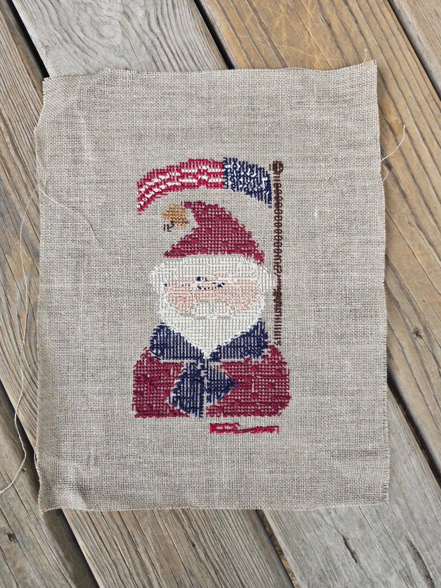 Bent Creek - Patriotic Santa Zipper - Completed Cross Stitch