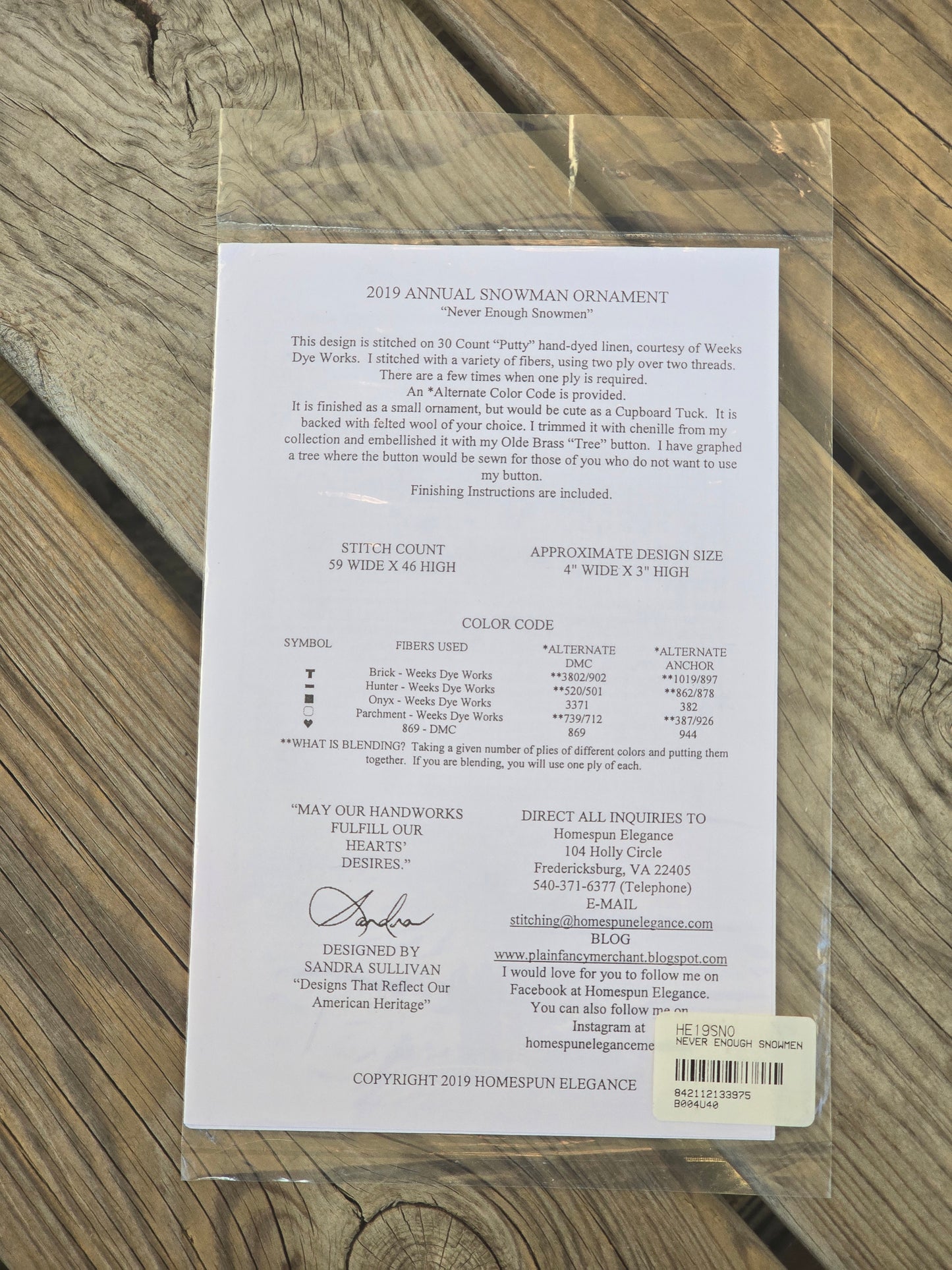 Homespun Elegance - 2019 Snowman Ornament - Never Enough Snowmen - Cross Stitch Pattern